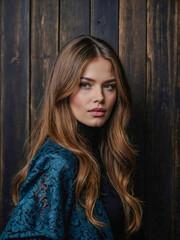 Fototapeta premium Elegant woman with long hair against a dark wooden background in a stylish outfit.