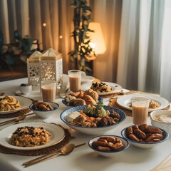 Elegant Dinner Setting with Assorted Dishes and Refreshing Beverages