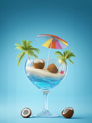 A minimal tropical summer refreshment concept featuring a delicious, cold exotic drink on the beach. A cocktail beverage, available in both alcoholic and non-alcoholic options.