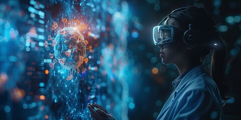 Female scientist in augmented reality headset analyzing a 3D holographic virus in a futuristic lab