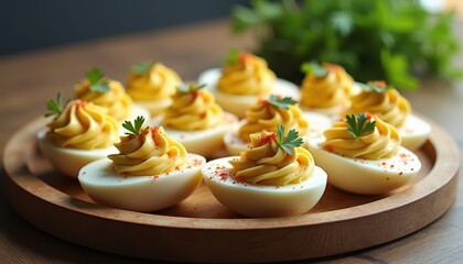Creamy deviled eggs on a wooden platter, each topped with paprika and parsley for garnish. This classic appetizer is beautifully arranged, offering a savory and visually appealing treat