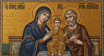 Holy Family Mosaic Art - A stunning mosaic depicting the Holy Family: Mary, Joseph, and Jesus. Rich colors and intricate detail