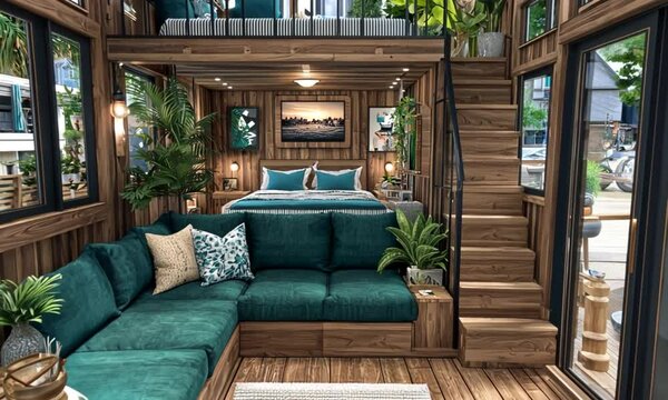 Cozy modern tiny house interior with wooden walls, turquoise accents, plants, staircase, natural light