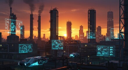 Industrial Sunset Glow: Futuristic Cityscape - A fiery sunset casts an orange glow over a futuristic industrial cityscape
