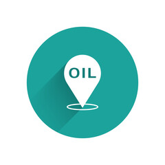 White Refill petrol fuel location icon isolated with long shadow background. Gas station and map pointer. Green circle button. Vector