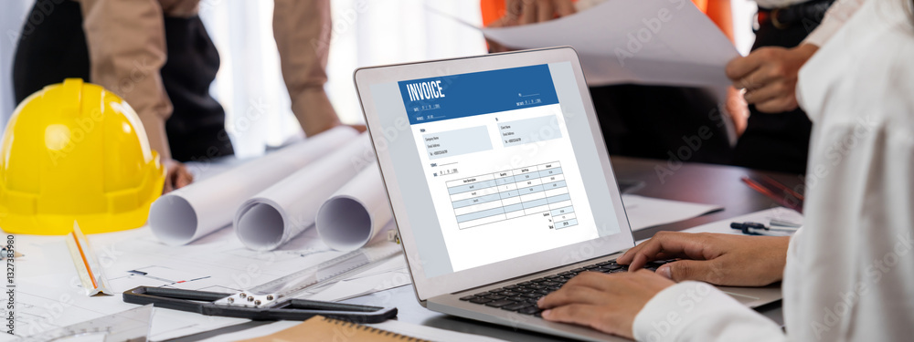 Poster invoice on computer screen from accounting application. computer program for financial and budget of