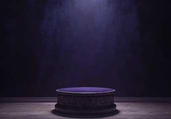 Dark Purple Round Platform on Wooden Surface with Dramatic Spotlight
