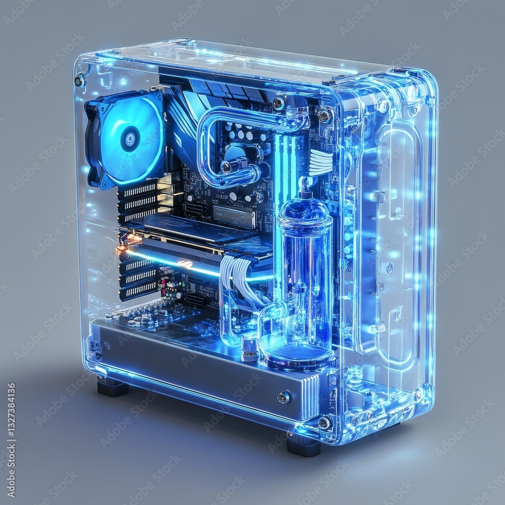 Poster Custom-built high-performance PC with liquid cooling system and transparent case, enhanced with vibrant blue LED lighting.