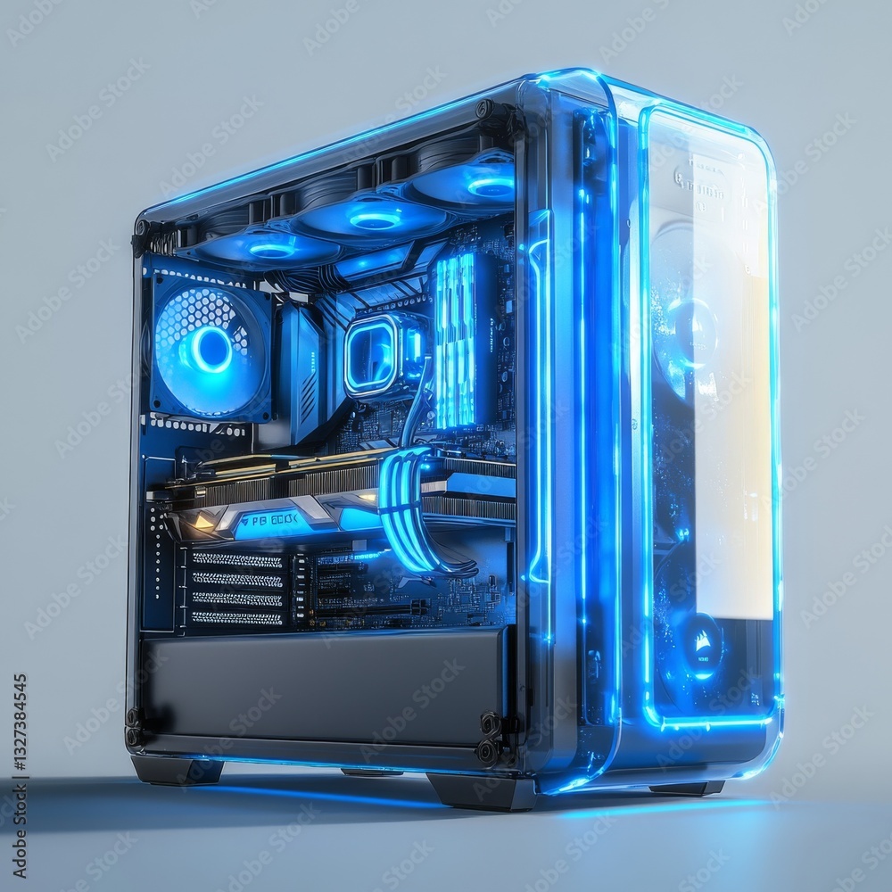 Leinwandbilder modern pc build with transparent case and blue led lighting, showing internal components in detailed
