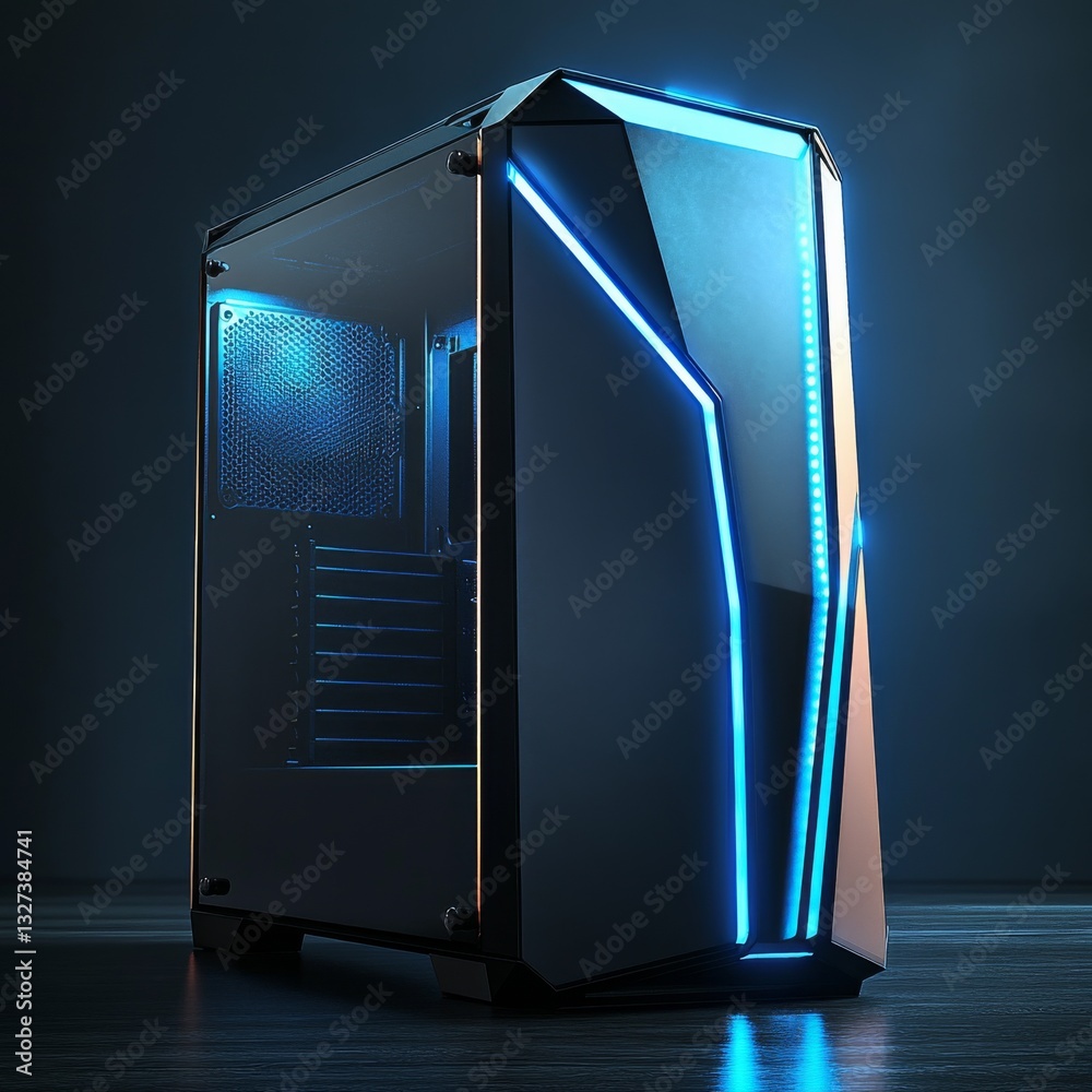 Aufkleber sleek gaming pc tower with blue led lighting and transparent side panel: high-performance computing 