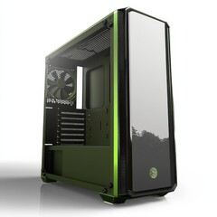 Fototapeta premium Sleek Green and Black PC Case with Tempered Glass Panel for High-Performance Gaming and Professional Computing Builds