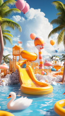 Yellow slide is in the water with a pink balloon floating above it