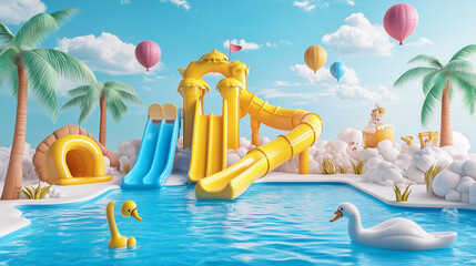 Yellow water park with a slide and a pool