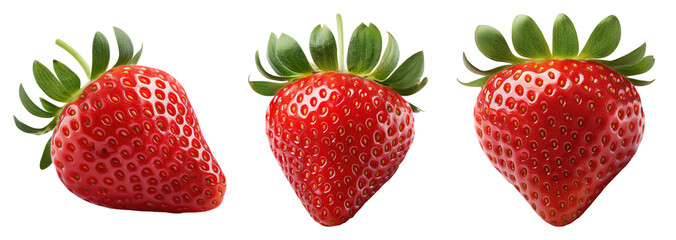 Fresh Red Strawberries with Green Leaves on White Background, Isolate on Transparent Background