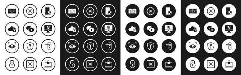 Set Smartphone with security shield, Protection of personal data, Cloud computing lock, Firewall, wall, Computer monitor and, Safe, Door handle and Eye scan icon. Vector