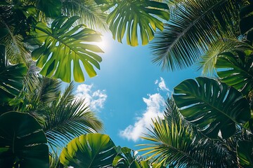 Fototapeta premium Lush Tropical Paradise Vibrant Monstera & Palm Leaves Under Sunny Sky