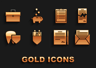Set Family insurance with shield, Torn contract, Mail and e-mail, Contract pen, Tooth, Clipboard checklist, Briefcase and Piggy bank coin icon. Vector
