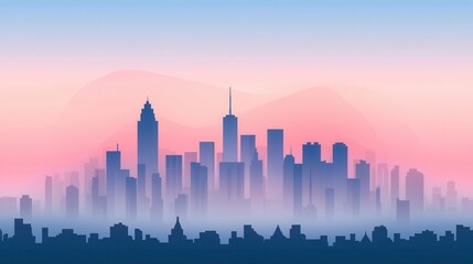 Fototapeta premium Abstract Skyline Silhouette at Dawn with Soft Pastel Colors and Fog in Urban Landscape