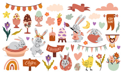 Fototapeta premium Easter clipart big set. Spring collection of animals, flowers and decorations. For poster, card, scrapbooking, stickers. Bunnies, pointers and ribbons. Flat illustration.