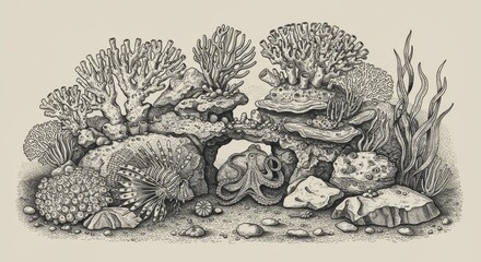 Naklejka premium Ocean Coral Reef Scene - Detailed ink drawing of an underwater coral reef scene with octopus, lionfish, and various coral formations