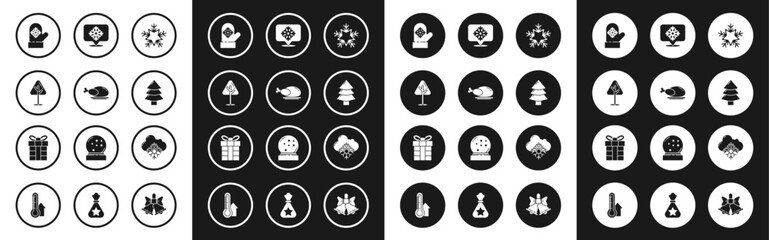 Set Snowflake, Roasted turkey or chicken, Christmas tree, mitten, with speech bubble, Cloud snow and Gift box icon. Vector