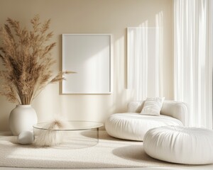 Fototapeta premium Modern Minimalist Living Room Interior Design with Cream and Beige Tones