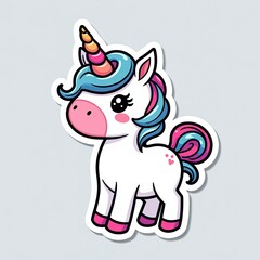 Naklejka premium Cute Cartoon Unicorn Character with Colorful Mane and Horn