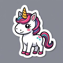 Naklejka premium Cute Cartoon Unicorn Character with Colorful Mane and Horn