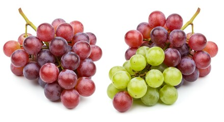 Fototapeta premium Red and Green Grapes on White Background - A bunch of red grapes and a bunch of green grapes are displayed side by side against a bright white background