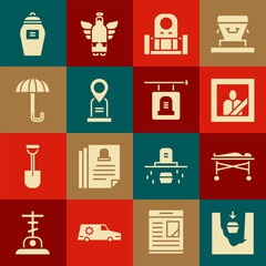 Set Coffin in grave, Dead body the morgue, Mourning photo frame, Grave with tombstone, Location, Umbrella, Funeral and Signboard icon. Vector