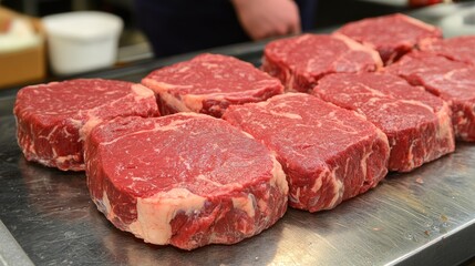 Obraz premium A row of juicy, freshly cut steaks gliding on a stainless steel conveyor belt, with butchers in the background handling the packaging process.