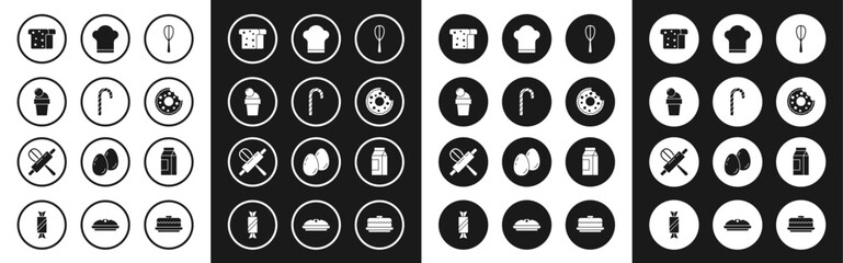 Set Kitchen whisk, Christmas candy cane, Ice cream, Bread toast, Donut, Chef hat, Paper package for milk and rolling pin icon. Vector