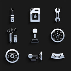 Set Gear shifter, Signal horn on vehicle, Broken windshield, Alloy wheel, Steering, Screwdriver and wrench spanner, Wrench and icon. Vector