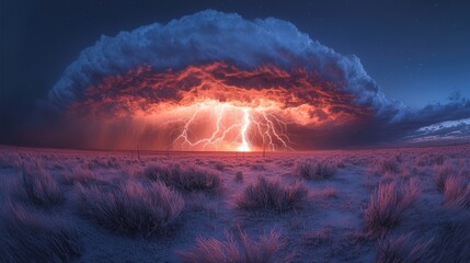 Dramatic lightning storm over desert landscape.  Possible use Nature photography, stock photo