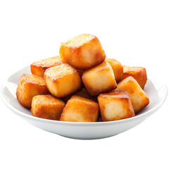 Perfectly golden fried tofu cubes stacked on pristine white dish presentation