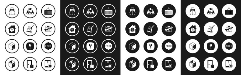 Set Container on crane, Hand truck and boxes, Home delivery services, Cargo ship with, Plane cardboard, Conveyor belt, rice tag Free and Carton icon. Vector