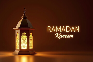 Fototapeta premium Wishing a bountiful Ramadan. A lighted lamp on a dark orange background with the inscription “Ramadan kareem”. AI generative.