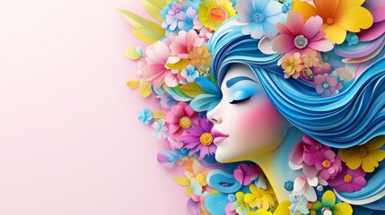Fototapeta premium Serene Woman with Blue Hair Surrounded by Colorful Flowers on Pink Background