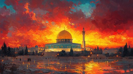 Obraz premium Majestic Dome of the Rock at Sunset, Vibrant Colors and Dramatic Sky, Golden Hour Light Illuminates Iconic Jerusalem Landmark