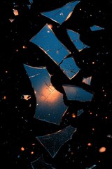 Shattered Glass Fragments Falling on Dark Background