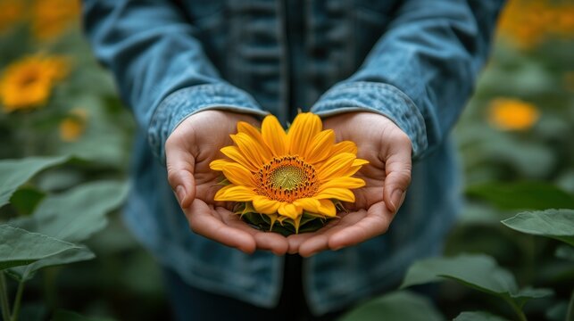 Cupped hands gently hold a vibrant sunflower in a field