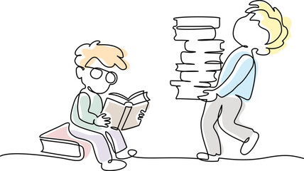 Two boys pupils sitting and standing with books in library. Students are preparing for lesson