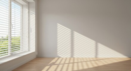 Fototapeta premium Sunlit Empty Room Interior - Bright sunlight streams through window blinds into a minimalist empty room with light wood flooring and white walls
