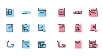 Set line Judge gavel with shield, Delete file document, Report, Shopping building, Document graph chart, Safe, Personal folder and Delivery cargo truck icon. Vector