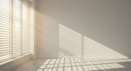 Obraz premium Sunlit Room Interior - Sunlight streams through blinds in a minimalist room, casting soft shadows on the light wood floor