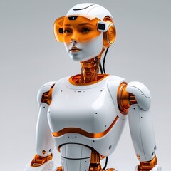 Naklejka premium White & Orange Humanoid Robot with Feminine AI Face 8K Half-Body