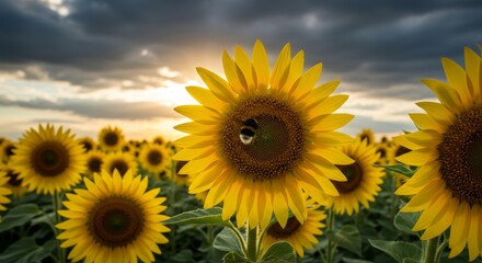 Sunlit Sunflower Field with Bumblebee - A bumblebee pollinates a vibrant sunflower in a field bathed in golden sunlight, dramatic clouds overhead, symbolizing nature, growth, summer, pollination