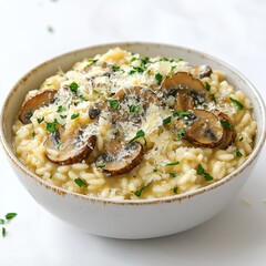 High-angle shot of a bowl of creamy mushroom risotto garnished with fresh herbs and cheese for an elegant meal
