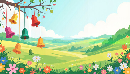 Fototapeta premium Vibrant bell-shaped wind chimes swaying in blooming meadow, tranquility, copy space