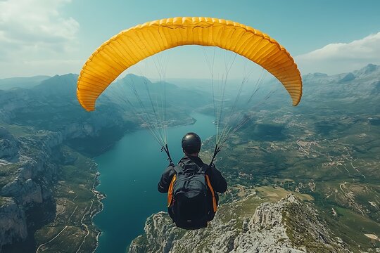 Paraglider Soaring Over Mountain Lake Aerial Adventure Photography